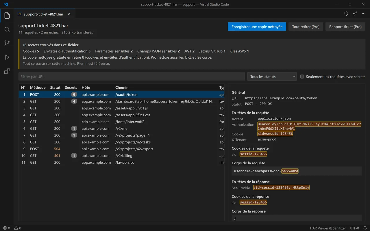 HAR Viewer dans VS Code : un fichier HAR de support avec 16 secrets trouvés, la requête de jeton sélectionnée, ses cookies et son en-tête Authorization surlignés.