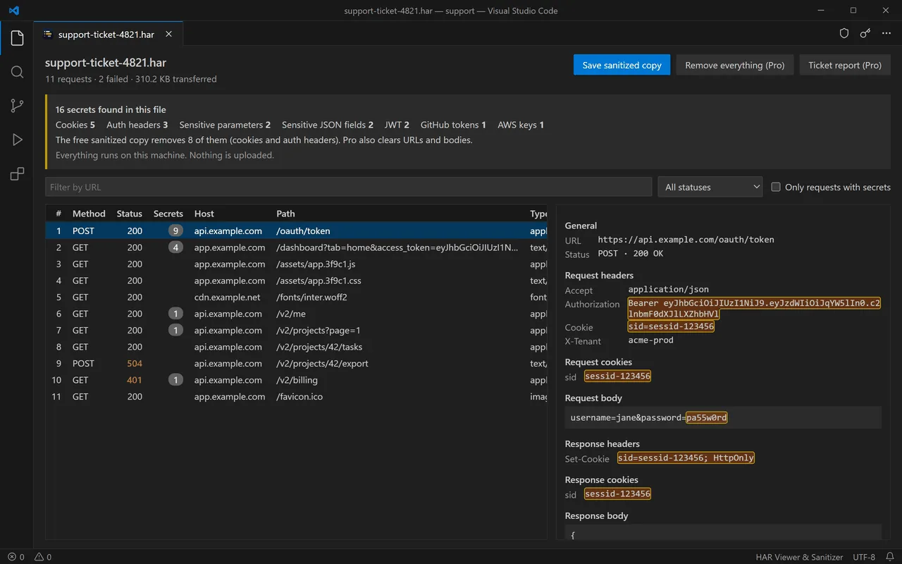HAR Viewer in VS Code: a support HAR file with 16 secrets found, the token request selected and its cookies and Authorization header highlighted.